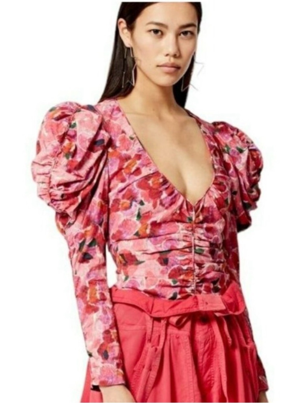 Isabel Marant $945 Floral Puff Sleeve Mirnao Ruched V Neck Top NWT Size 36 US 4